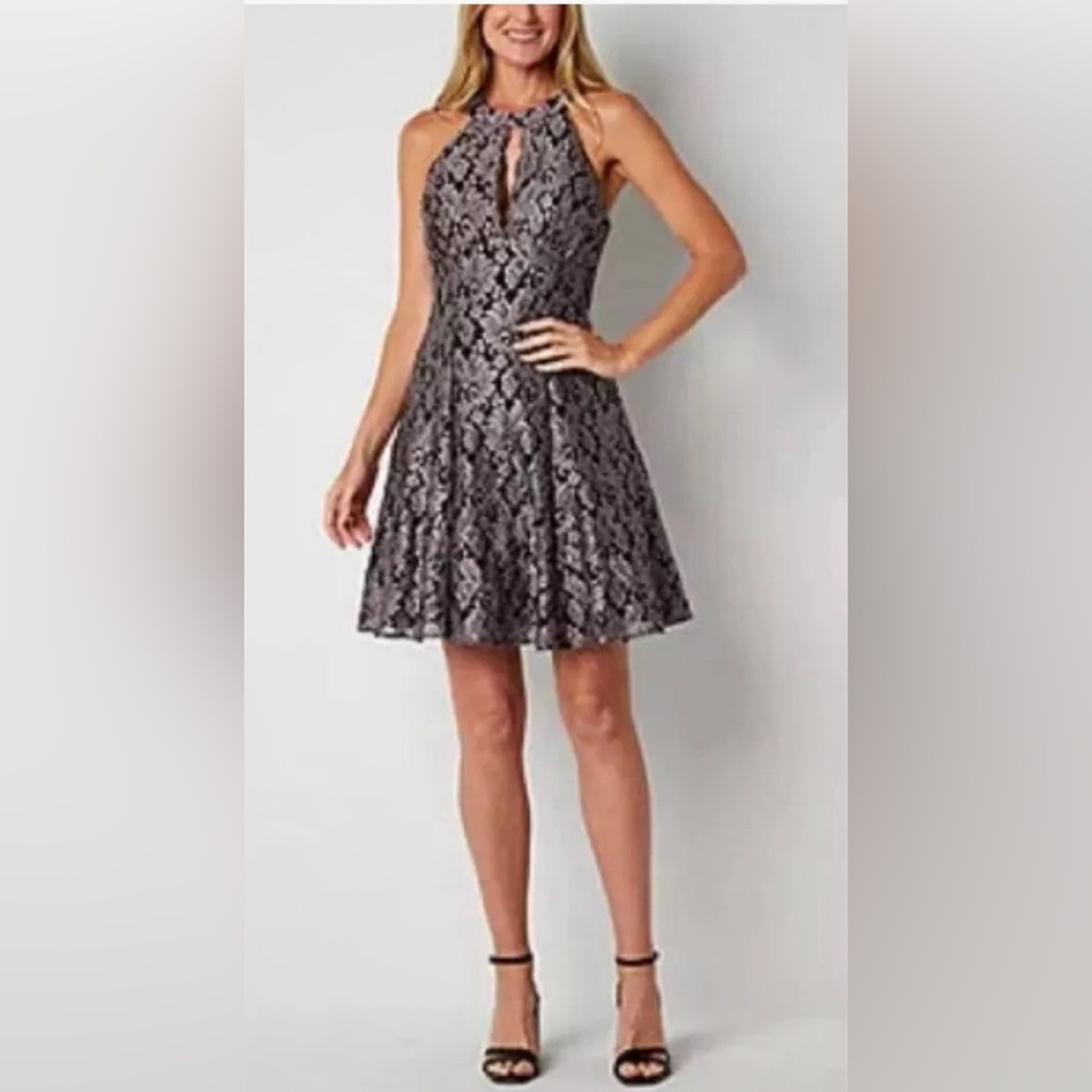 R & M Richards 6 Black Lace Metallic Cocktail Formal Prom Dress Tulle NWT